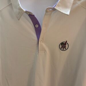 Stylish White Polo Shirt with Purple Accents